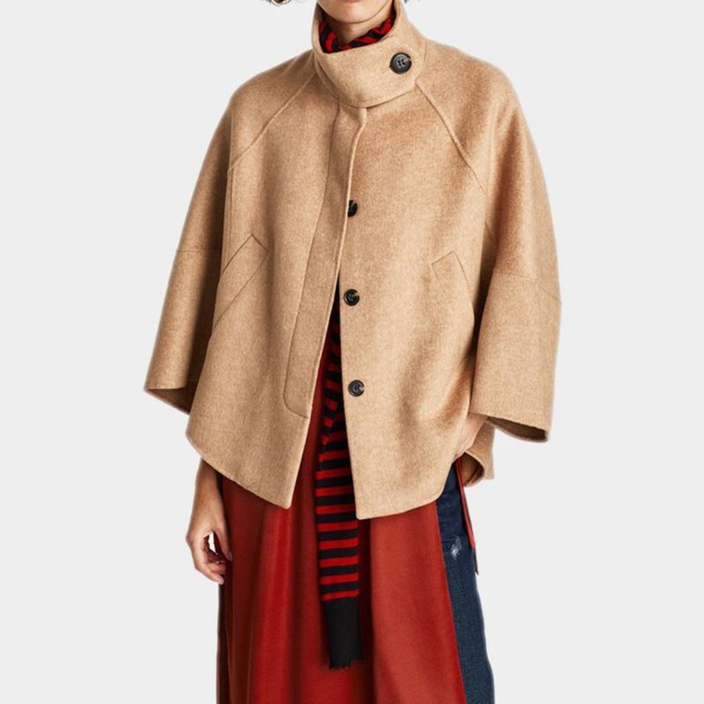Zara Wool Camel Color Short Oversized Cape Coat High Funnel Collar